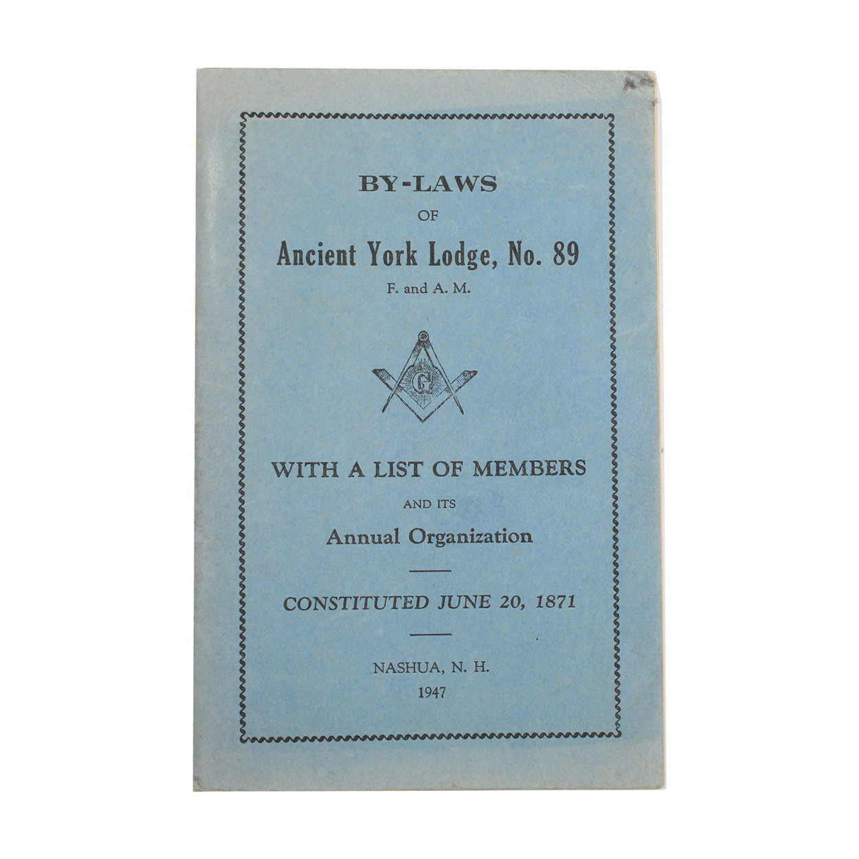 York Lodge 89 opuscolo massonico 1947 by-laws New Hampshire