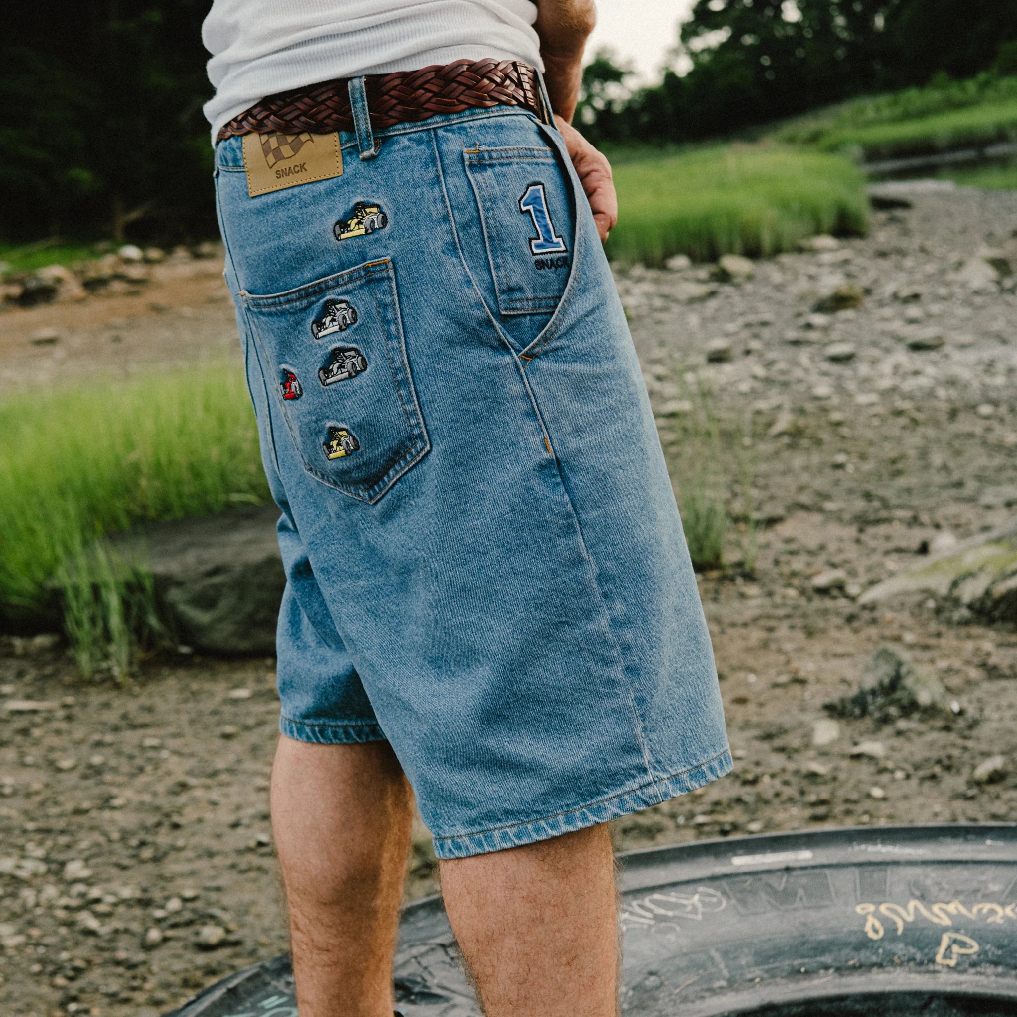 Snack Pole Position jorts jeans baggy ricamati