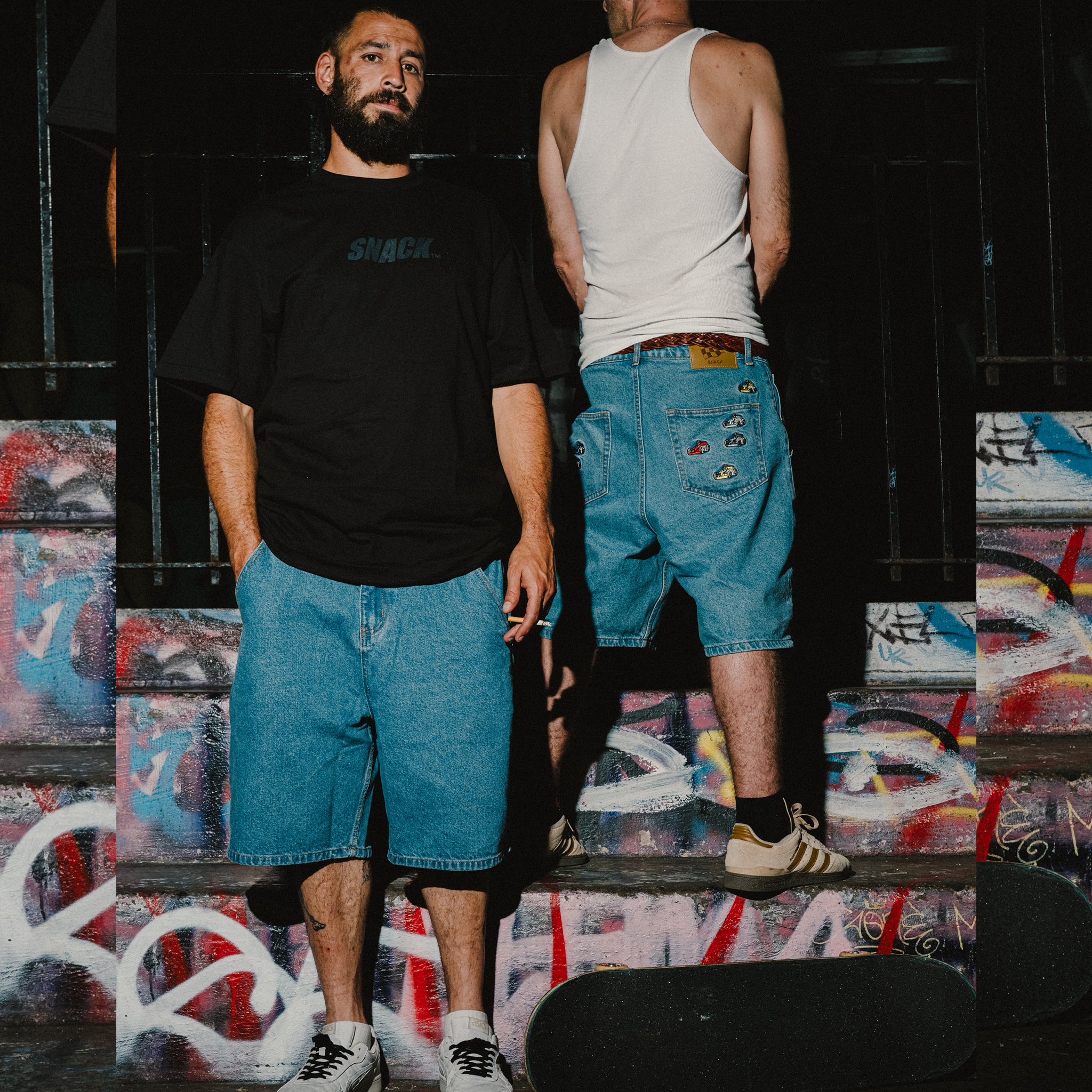 Snack Pole Position jorts jeans baggy ricamati